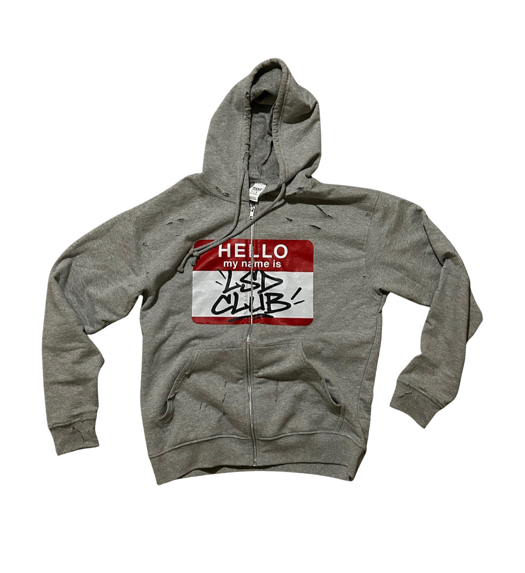 LSD CLUB “HELLO My Name Is” Distressed Zip Hoodie
